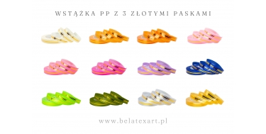 WSTĄŻKA PP Z 3 ZŁOTYMI PASKAMI 2cm, 3cm/50yd